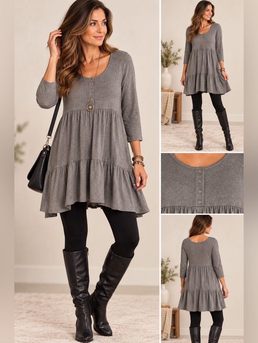 Justify Large Gray Tiered Tunic Dress 3/4 Sleeve Boho Babydoll Lagenlook